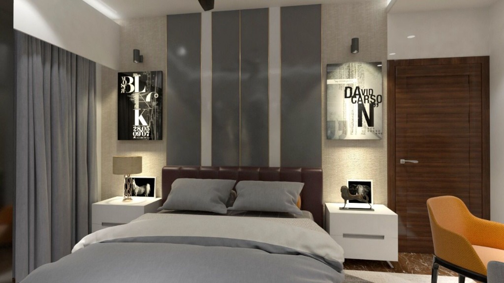 Modern bedroom interior design render with accent wall panels
