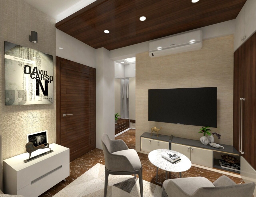 Living room interior render with wood ceiling and TV unit