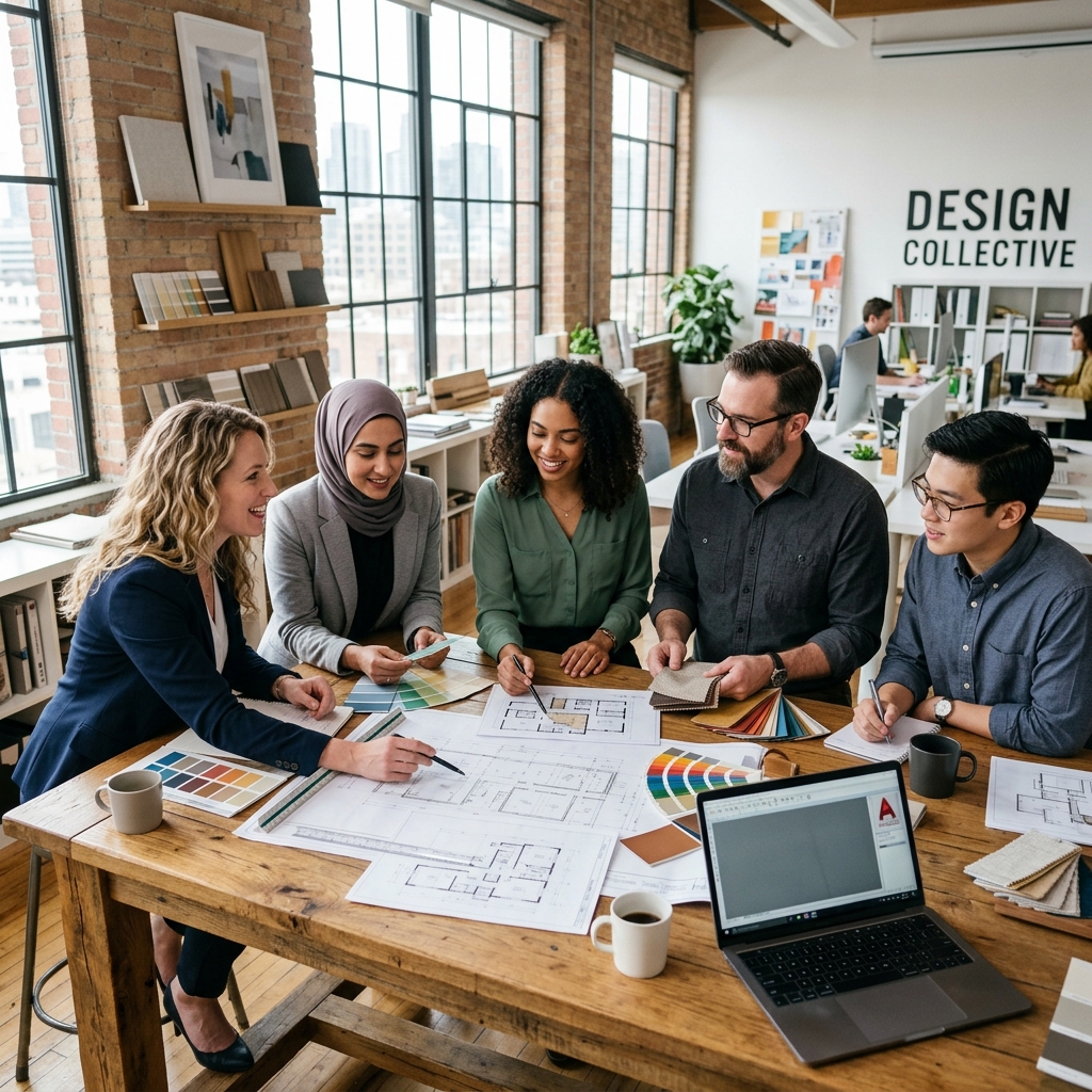 Didhiti Solutions interior design team working on blueprints and material samples